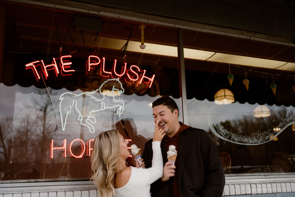 ice cream engagement session at the plush horse in Tinley Park