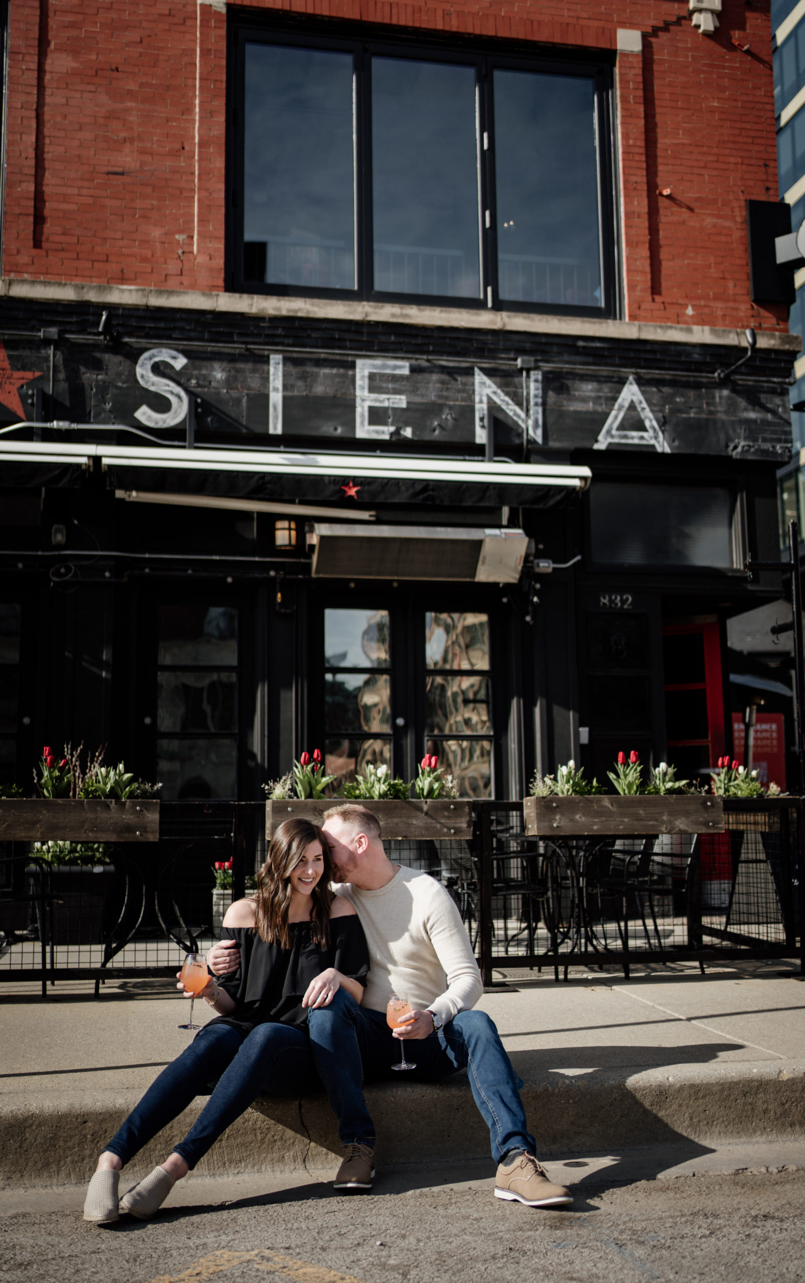 Chicago engagement photos outside Bar Siena