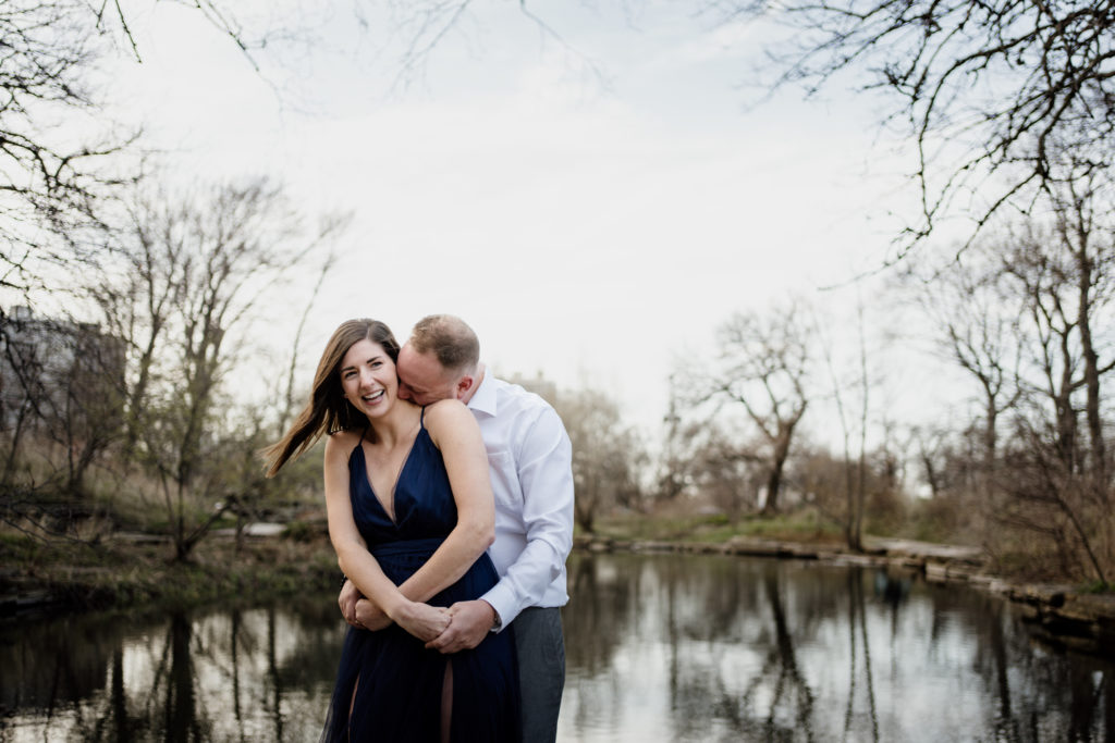 engagement photos with couple at Alfred Caldwell Lily Pool in Chicago
